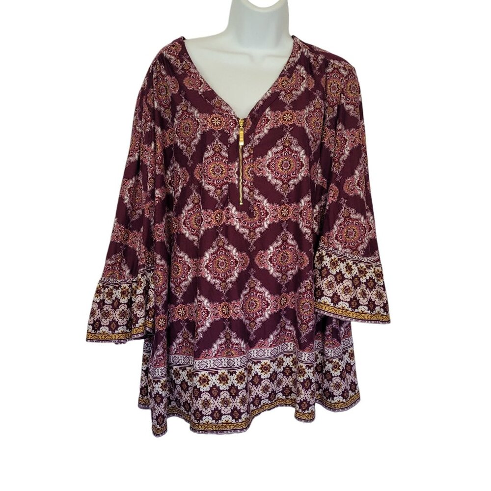 Roz & Ali Tunic Top 3XL Plum Paisley Floral Quarter Zip Stretch Blouse Plus Size